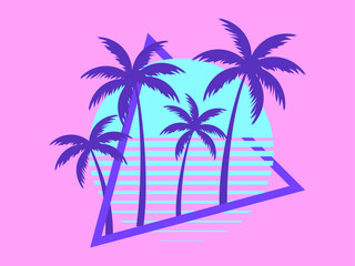 Wall Mural - 80s retro sci-fi palm trees on a sunset. Retro futuristic sun with palm trees. Summer time. Synthwave and retrowave style. Design for advertising brochures, banners and posters. Vector illustration