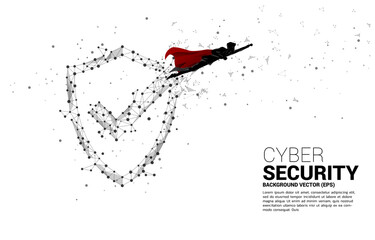 Poster - silhouette of superhero fly with Protection shield icon from dot connect line polygon network. concept of guard security and safety