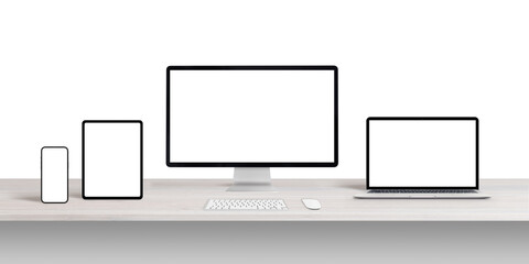 Poster - Computer display, laptop, tablet and phone on desk with isolated, blank screens for responsive app or web page design promotion