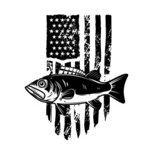 Redfish On American Flag Background. Design Element For Emblem, Sign, Badge, Logo. Vector Illustration