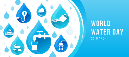 Wall Mural - world water day banner Blue drops water with white icons about the topic of water vector design