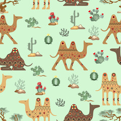  Seamless pattern with stylized camels in different poses and cacti in oriental style on a lime background
