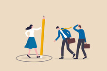 Personal Space, Privacy Or Work Boundary To Limit Access And Protect From People, Introvert Or Safe Zone Concept, Businesswoman Using Pencil To Draw Personal Space Circle To Protect From Coworkers.