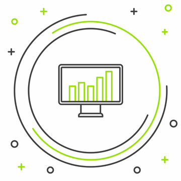 Line Computer monitor with graph chart icon isolated on white background. Report text file. Accounting sign. Audit, analysis, planning. Colorful outline concept. Vector
