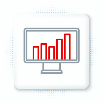 Line Computer monitor with graph chart icon isolated on white background. Report text file. Accounting sign. Audit, analysis, planning. Colorful outline concept. Vector