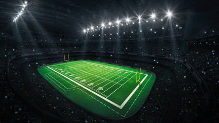 Wall Mural - American football stadium with yellow goal posts, grass field and fans at upper general view. Digital 3D illustration for sport advertisement.