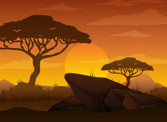 Sticker - Silhouette savanna forest at sunset time