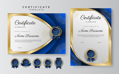 certificate of appreciation template, gold and blue color. clean modern certificate with gold badge.