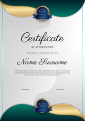 Wall Mural - Certificate of appreciation template, gold and black green color. Clean modern certificate with gold badge. Certificate border template with luxury and modern line pattern. Diploma vector template