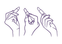 Female hand holding lipstick line art vector illustration set