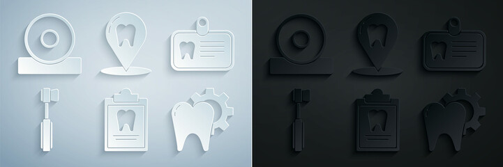 Poster - Set Clipboard with dental card, Id tooth, Toothbrush, treatment procedure, Dental clinic location and Otolaryngological head reflector icon. Vector