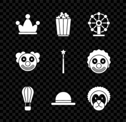 Sticker - Set Jester hat with bells, Popcorn in box, Ferris wheel, Hot air balloon, Clown, Wild lion, head and Magic wand icon. Vector