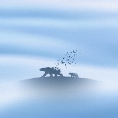 Poster - bear family, flying birds. endangered animal. death and afterlife