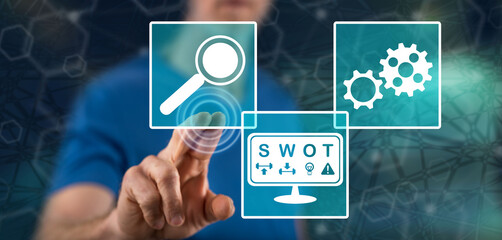 Man touching a swot concept