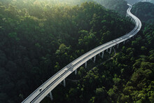 Aerial Shot Of  Car Using Elevated Highway Road Across A Green Forest In The Morning With Mist