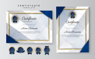 Wall Mural - Blue and gold certificate of achievement border template with luxury badge and modern line pattern. For award, business, and education needs