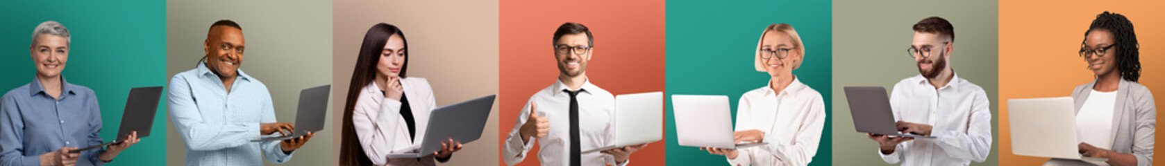 Poster - Set of diverse businesspeople with laptops posing over colorful pastel studio backgrounds, collage, panorama