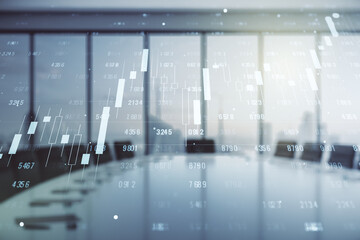 Poster - Multi exposure of creative statistics data hologram on a modern meeting room background, stats and analytics concept
