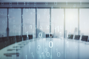 Poster - Abstract virtual binary code illustration on a modern conference room background. Big data and coding concept. Multiexposure