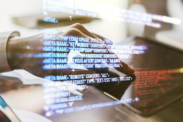 Aufkleber - Multi exposure of abstract programming language hologram and hand working with a digital tablet on background, artificial intelligence and machine learning concept