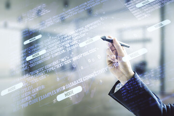 Poster - Multi exposure of programmer's hand with pen working with abstract creative coding sketch and world map on blurred office background, artificial intelligence and neural networks concept