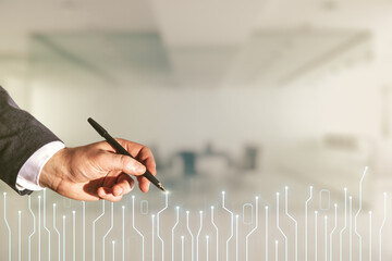 Poster - Male hand with pen draws abstract virtual micro circuit sketch on blurred office background, future technology and AI concept. Double exposure