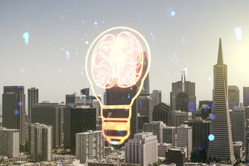 Poster - Double exposure of abstract virtual creative light bulb hologram with human brain on San Francisco city skyscrapers background, idea and brainstorming concept