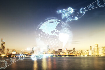 Aufkleber - Double exposure of abstract virtual robotics technology with world map hologram on Chicago city skyscrapers background. Research and development software concept