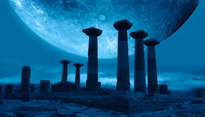 Wall Mural - Temple of Athena in ruins of  ancient roman city Assos with full moon at night - Behramkale, Canakkale 