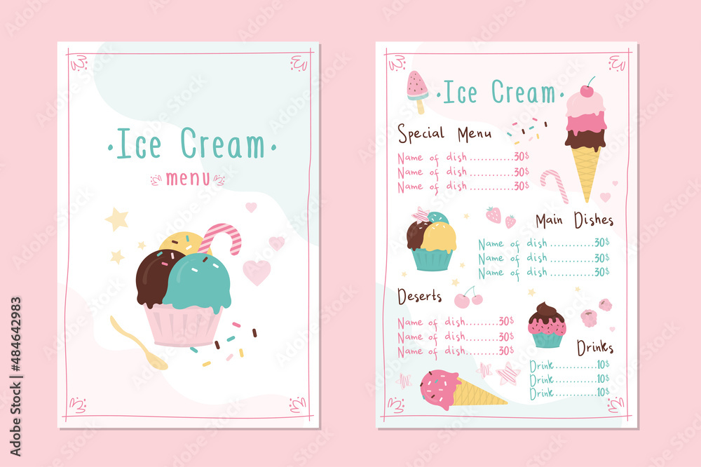 Colourful template for ice cream menu. Restaurant brochure with ...