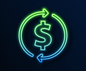 Poster - glowing neon line financial growth and dollar coin icon isolated on blue background. increasing reve