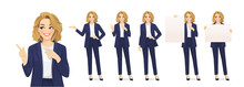 Elegant Beautiful Business Woman In Different Poses Set. Various Gestures Pointing, Showing, Standing, Holding Empty Blank Board Isolated Vector Illustration