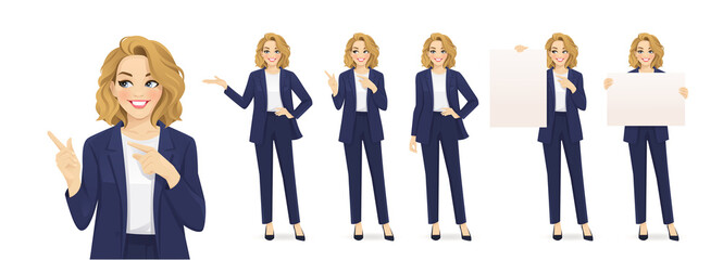 Wall Mural - Elegant beautiful business woman in different poses set. Various gestures pointing, showing, standing, holding empty blank board isolated vector illustration
