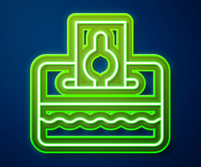 Sticker - Glowing neon line Donate or pay your zakat as muslim obligatory icon isolated on blue background. Muslim charity or alms in ramadan kareem before eid al-fir. Vector