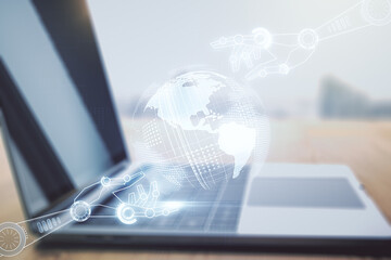 Aufkleber - Double exposure of robotics technology with world map hologram on laptop background. Research and development software concept