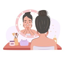 Girl Doing Skin Care Routine At A Mirror. Beauty Procedures At The Dressing Table.