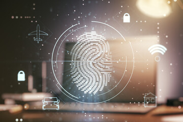 Poster - Double exposure of abstract creative fingerprint hologram on computer background, protection of personal information concept