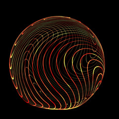 Fototapete - Wireframe red sphere with twisted lines. Futuristic technology circle with twisted glowing lines. Abstract 3d logo. Illustration of curled stripes shape.