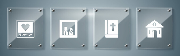 Sticker - Set Church building, Holy bible book, Family photo and Photo frames and hearts. Square glass panels. Vector