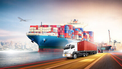 Wall Mural - Global business logistics import export and container cargo freight ship loading at port by crane, container handlers, cargo airplane, truck on highway, transport industry concept, Depth blur effect