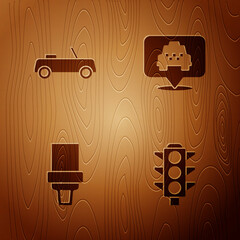 Sticker - Set Traffic light, Car, Safety belt and Location with taxi on wooden background. Vector