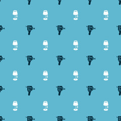 Sticker - Set Retro cinema camera and Floor lamp on seamless pattern. Vector