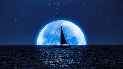 Wall Mural - Full Moon and Millky way rising above ocean sea horizon with sailing boat silhouette.