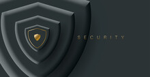 3d Background With Black Shields Shapes Layering From Large To Small, Volume Composition With Golden Shiels In The Center And Security Text