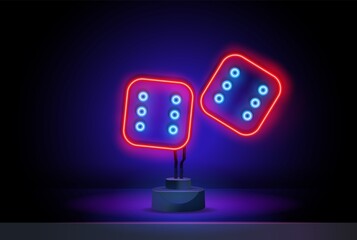 Wall Mural - Outline neon dice icon. Glowing neon dice sign, playing cube pictogram in vivid colors. Gambling game, lucky chance, random, lucky number, fortune. Vector icon