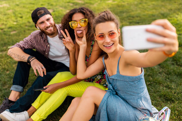 Wall Mural - happy young company of friends sitting park