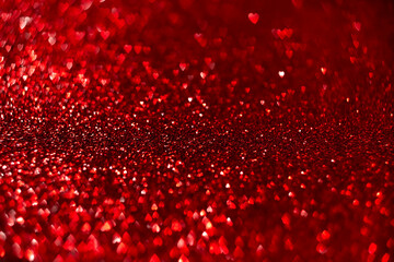 Wall Mural - Red hearts, sparkling glitter bokeh background, valentines day abstract defocused texture