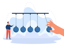 Huge Hand And Tiny Man Playing With Pendulum. Game Symbolizing Motivation To Work, Achieving Goals, Positive Impact, Striving For Success Flat Vector Illustration. Inertia, Momentum Force Concept