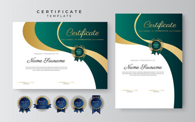 Wall Mural - Modern dark green and gold business certificate design template in professional style with gold badge and border frame pattern. Vector illustration