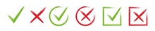 Check Mark Or Cross Icons. Red X And Green Checkmark.  Wrong And Right Grunge Sign. Yes And No Button. True And False Symbol. Vector Illustration. 
